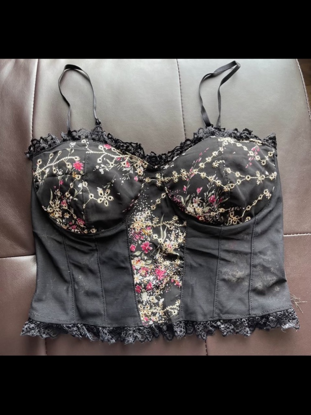 Black Floral Lace Trim Bustier Corset Top